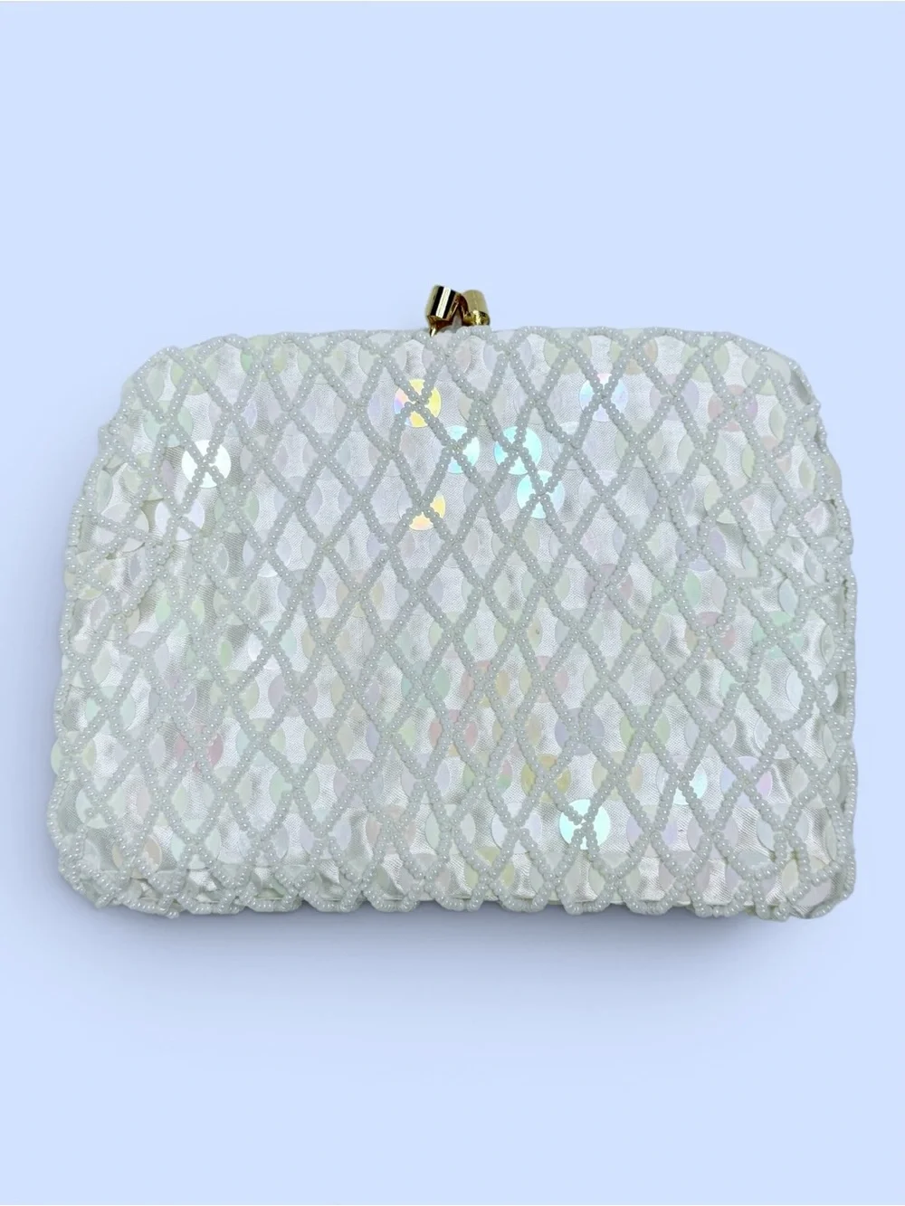 Hong Kong Evening Clutch White Seed Beads‎ Opalescent Sequins Original Box VTG